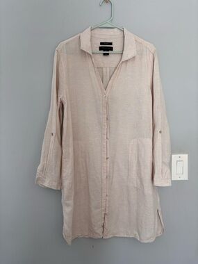 Tahari 100% Linen Tunic Shirt Blush Pink Button Down Long Sleeve Size M